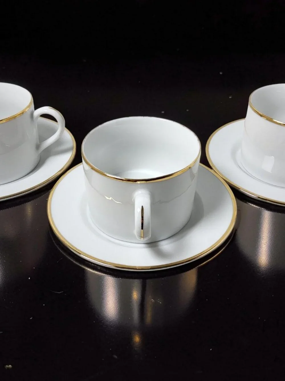 Vintage Set of 3 Pier 1 Gold Trim 8oz Porcelain Coffee Cups and Saucers